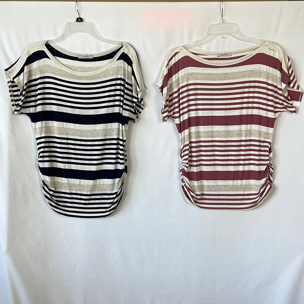 Papaya Lot of 2 Striped Short Sleeve Tees w/Side Ruching - Size Medium